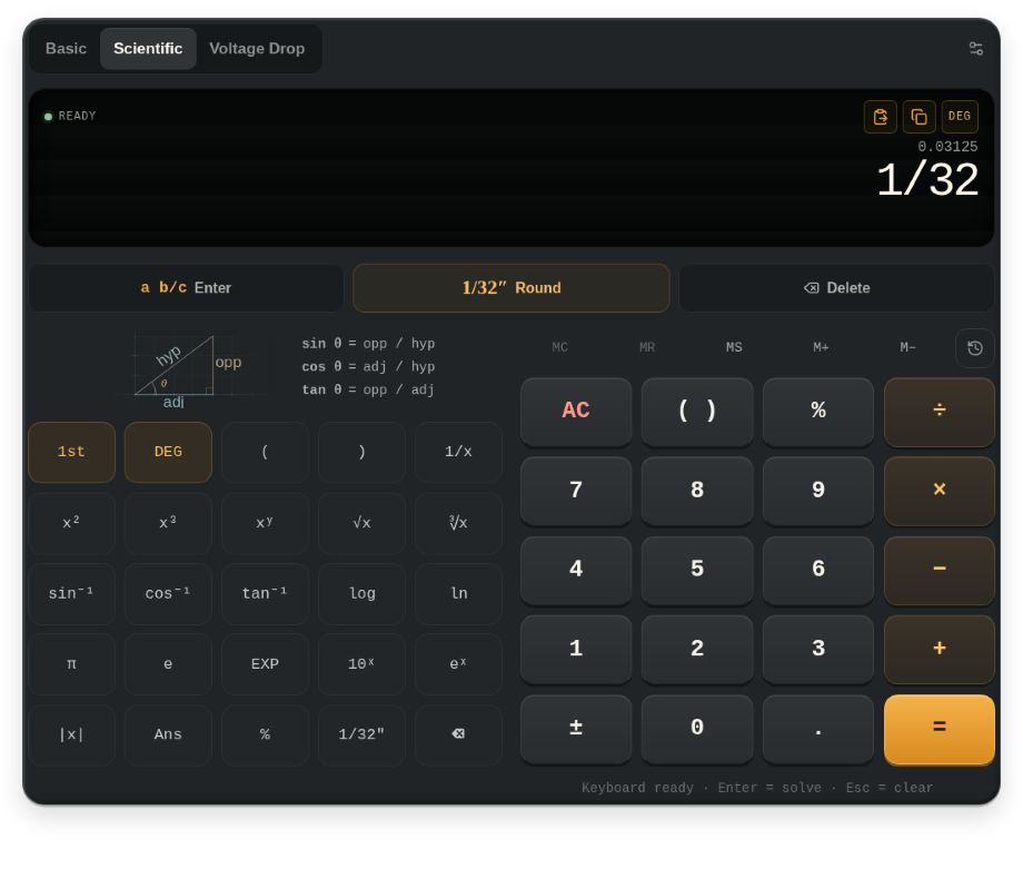 Master Electrician Calculator in scientific mode with second functions active and a 1/32-inch result