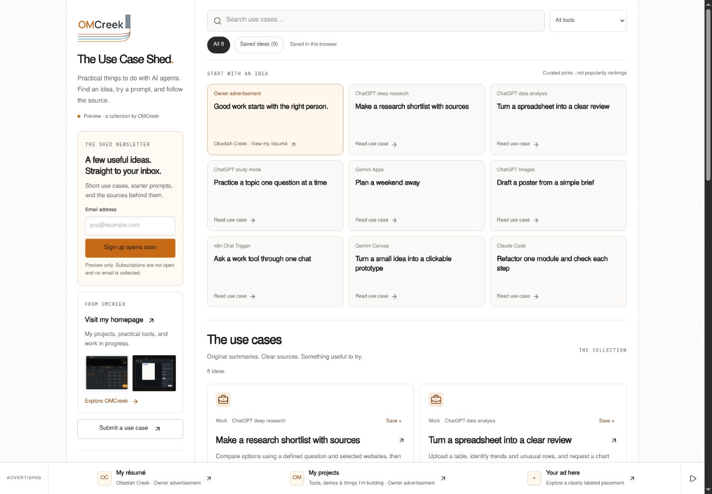 The Use Case Shed page with topic filters, search, practical AI examples and a clearly labeled owner advertisement