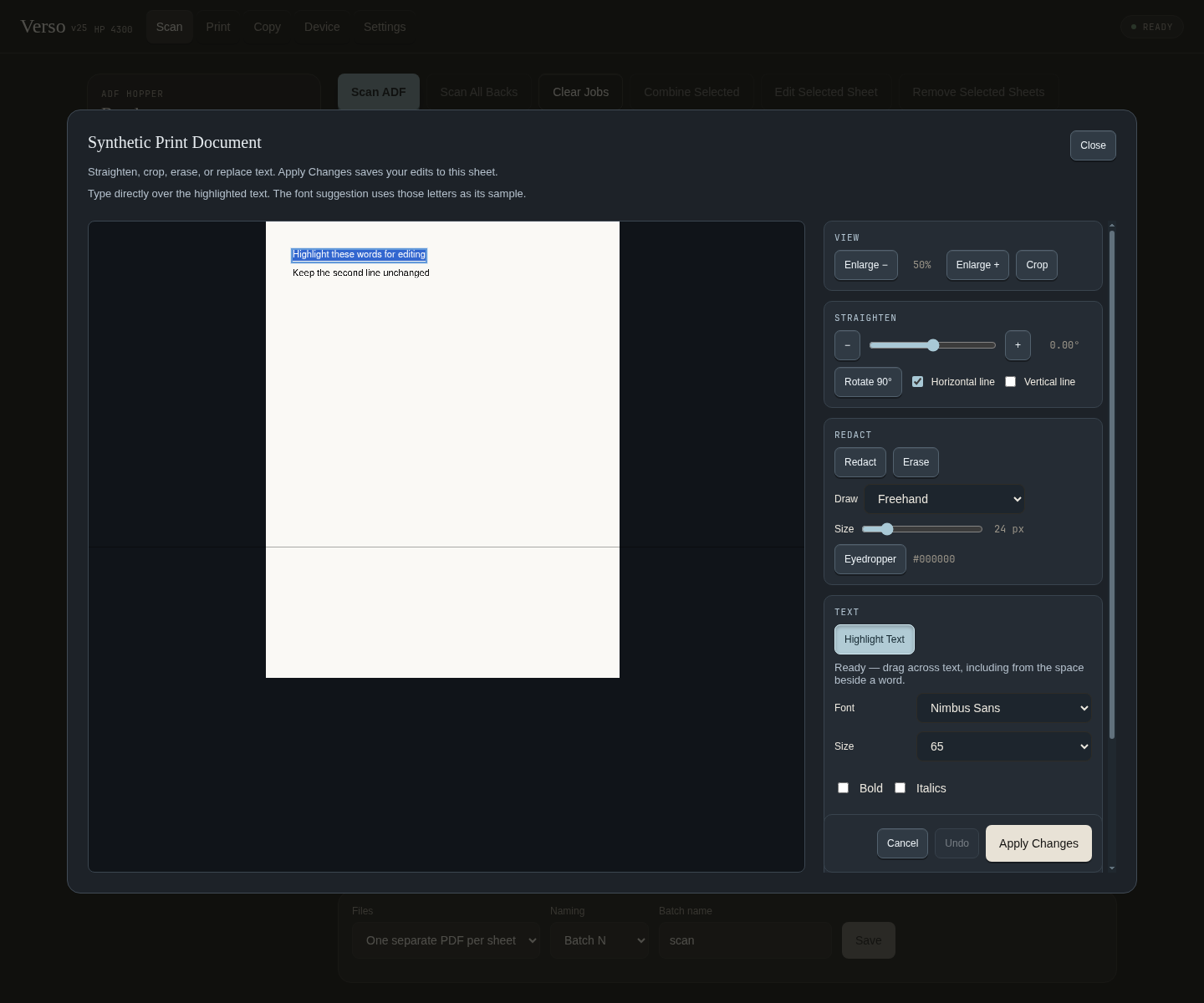 Actual Verso v25 editor with a synthetic document and highlighted text